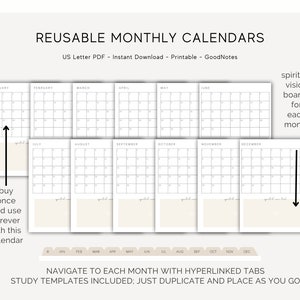 May include: Reusable monthly calendar pages in US Letter size PDF format.  The calendar pages are designed for use with GoodNotes and feature a minimalist design with a simple grid layout.  The calendar pages are designed to be used as vision boards for each month.  The text "spiritual vision boards for each month" is included in the image.