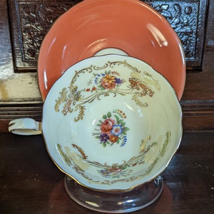 Vintage Aynsley teacup and saucer, floral, burnt orange