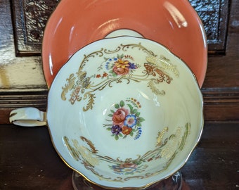 Vintage Aynsley tekopp och fat, blommig, bränd orange