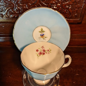 Adderley Floral teacup and saucer, blue with flowers and very dainty