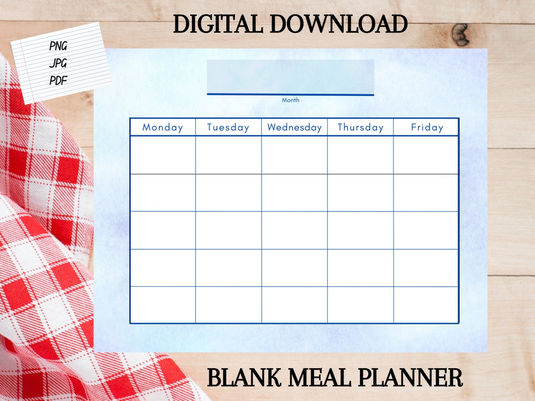 Blank Calendar Menu Planner Template Printable Digital Download