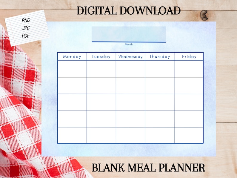 Blank Calendar Menu Planner Template Printable Digital Download, Breakfast Planner, Lunch ...
