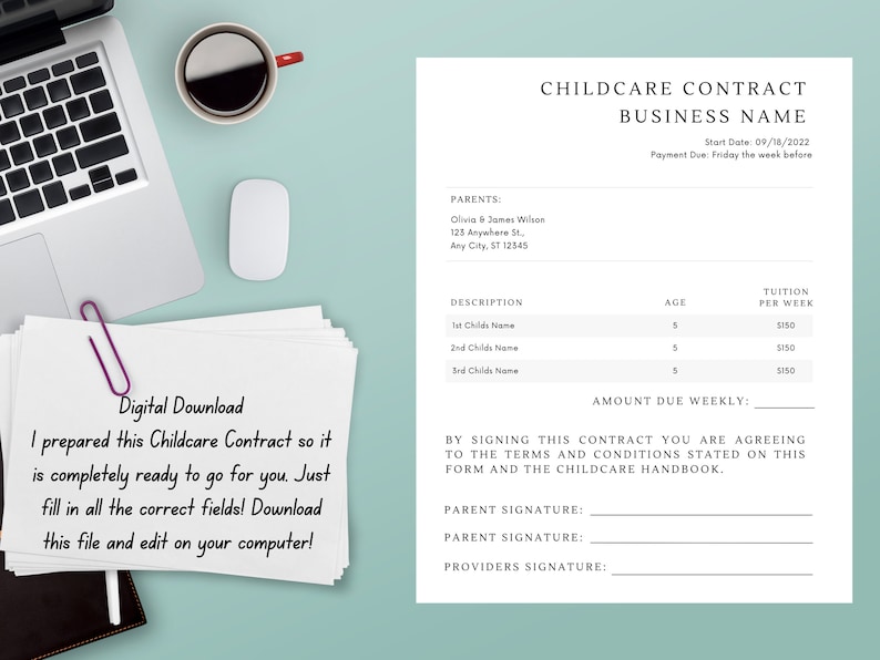 Childcare Contract Template Printable for Childcare Program or Daycare Childcare Contract Template Printable for Childcare Program or Daycare