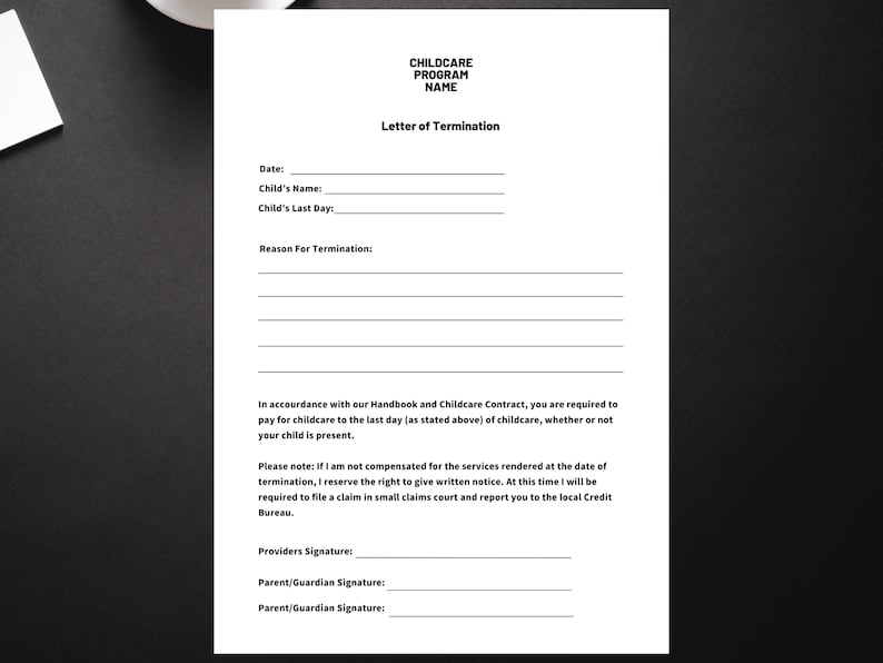 Childcare Termination Letter Template Editable Daycare Notice Etsy