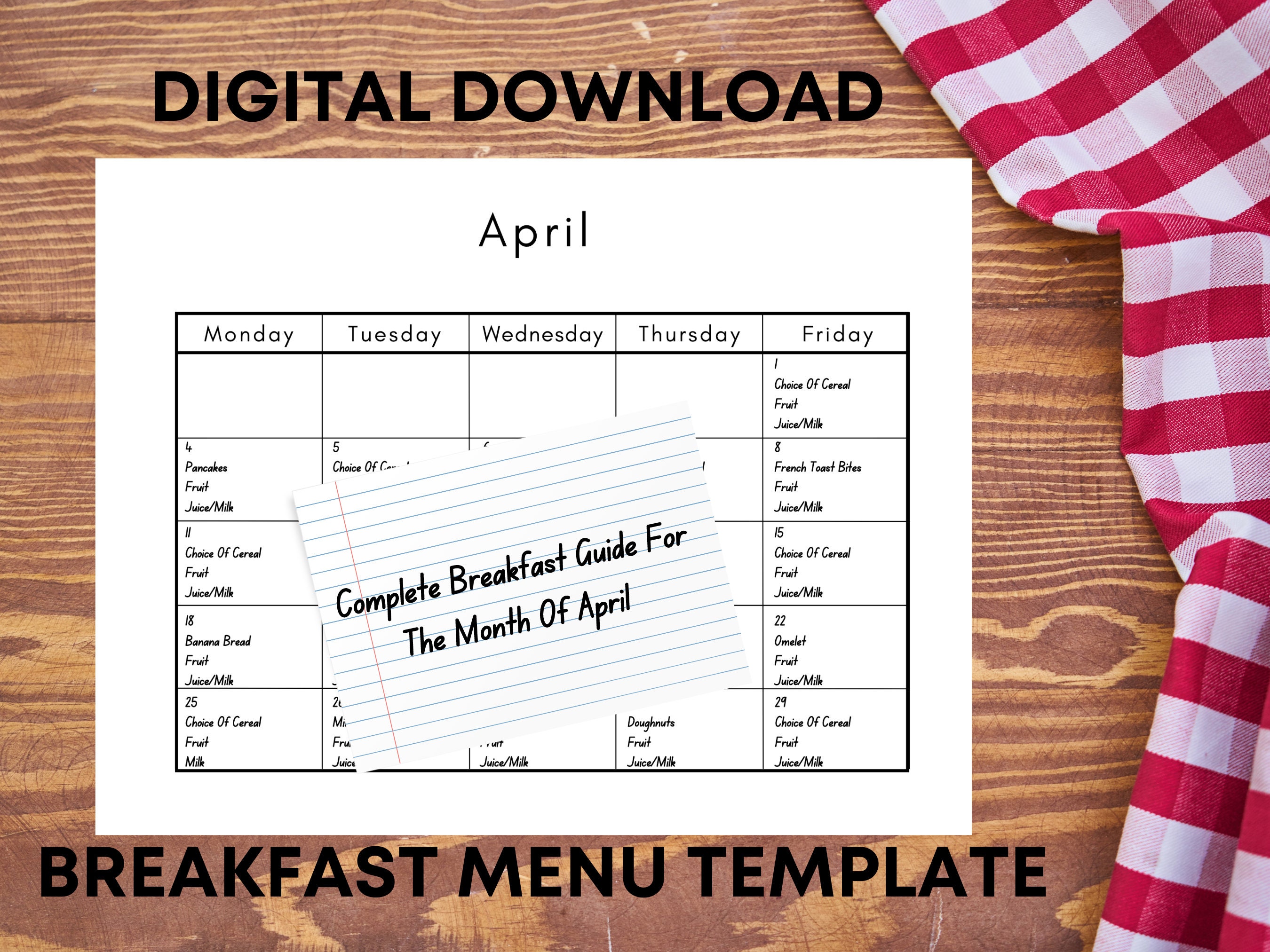 Completed Breakfast Menu Template Printable for Month of April, Digital ...