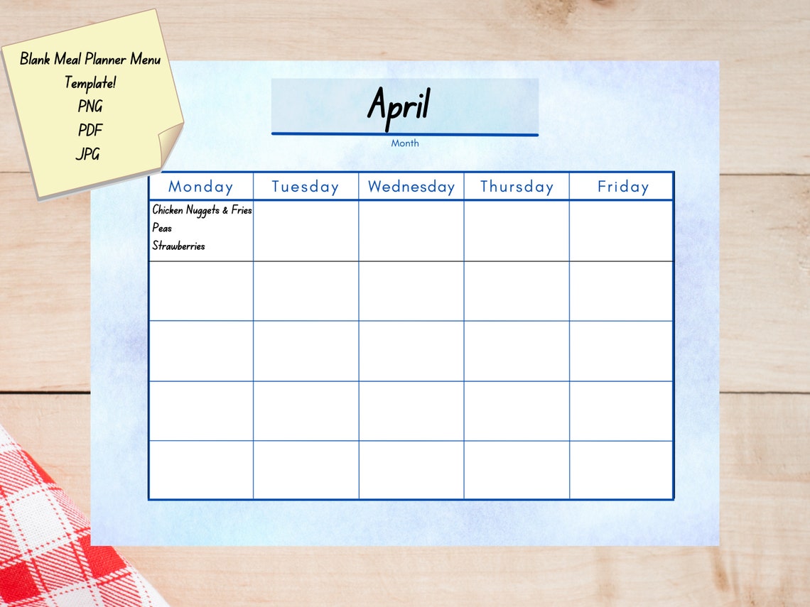 Blank Calendar Menu Planner Template Printable Digital Download, Breakfast Planner, Lunch ...