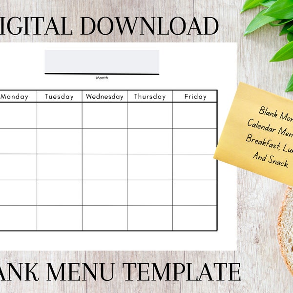 Lege maandelijkse kalender menusjabloon afdrukbaar, kinderopvang ontbijtkalender, schoollunchplanner, dinerplanner ongedateerd, preschoolmenu