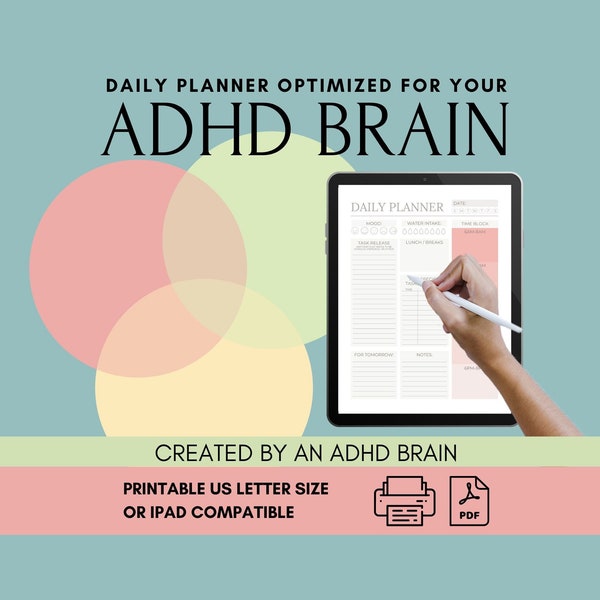 Daily Planner for ADHD workflow and productivity. Self Care - Habit Tracker - Ipad Planner - Printable Planner - PDF