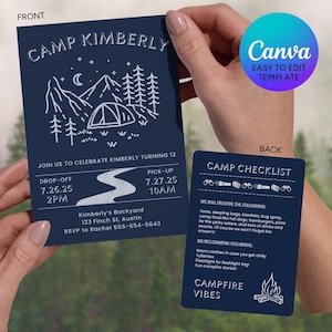Camping Party Einladung Canva Vorlage - Bearbeitbare Outdoor Geburtstagseinladung - Zeltparty Digitaler Download - Für Druck oder digitale Freigabe Bild 1