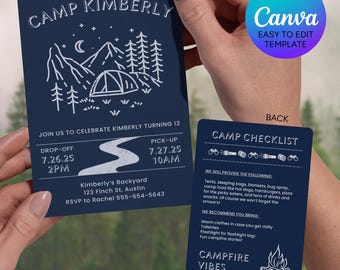 Camping Party Invitation Canva Template – Editable Outdoor Birthday Invite – Tent Party Digital Download –For Print or digital sharing