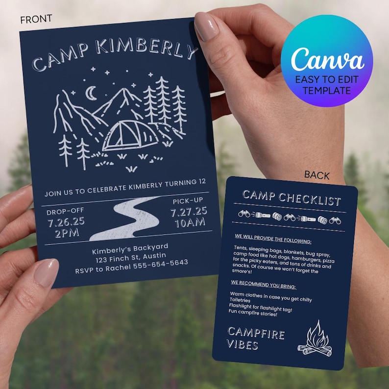Camping Party Einladung Canva Vorlage - Bearbeitbare Outdoor Geburtstagseinladung - Zeltparty Digitaler Download - Für Druck oder digitale Freigabe Bild 1