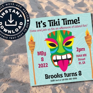Tropical tiki themed birthday party invite EDITABLE |  LUAU INVITATION | digital instant download