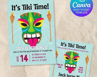 Tropische Tiki-Partyeinladung - Bearbeitbare Canva-Geburtstagseinladung (Digitaler Download)