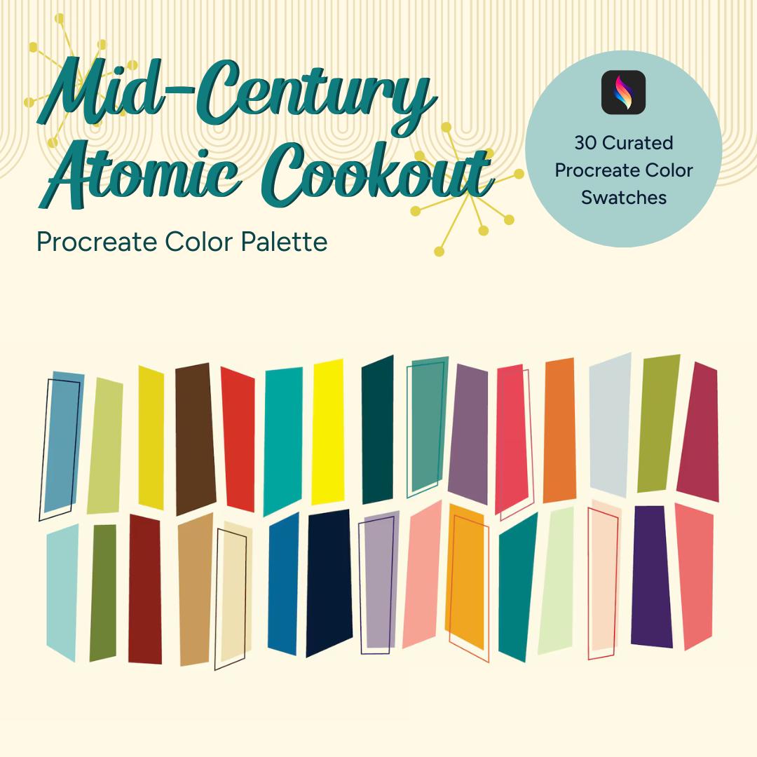 Paleta Procreate Mid-Century Atomic Cookout – 30 colores retro para arte en iPad (descarga instantánea)