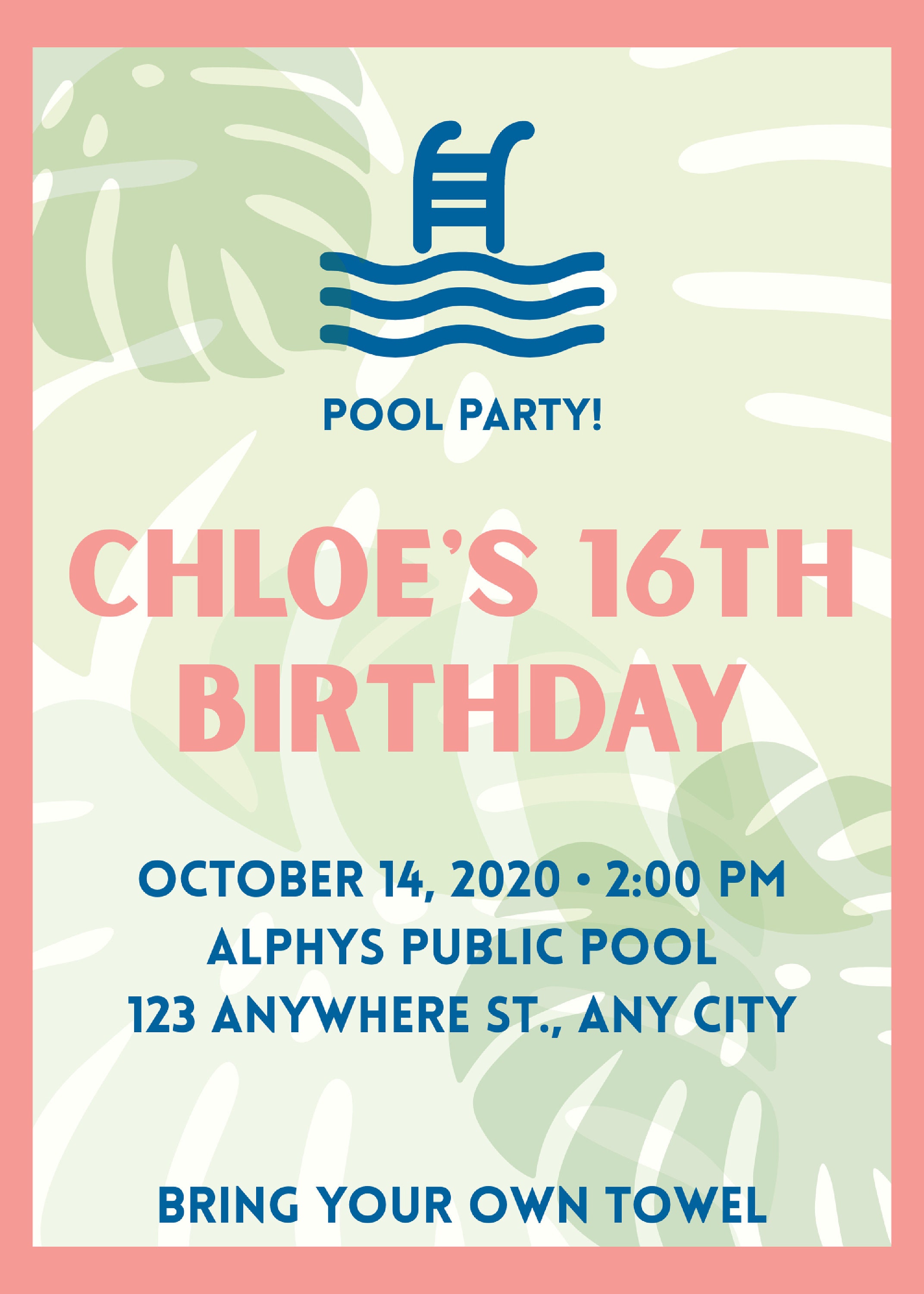 Tropical Themed Pool Party Invitation - 5X7 - Editable Using Templett ...