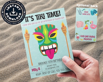 Tropische Tiki-Geburtstagsfeier laden EDITABLE | LUAU EINLADUNG | digitaler Sofort-Download | 5X7 | Bonus ganzer Seite mit Tiki-Motiven