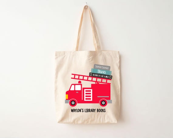 Kids Firetruck Canvas Library Tote Bag Personalized Book Bag