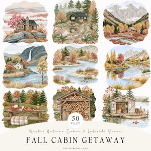 Puede incluir: Una colección de nueve ilustraciones en acuarela que muestran paisajes otoñales con cabañas, lagos, montañas y bosques. El texto dice 50 FILES, Rustic Autumn Cabin & Lakeside Scenes, FALL CABIN GETAWAY, 300 DPI PNG FILES.