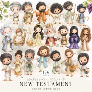 Puede incluir: Una colección de ilustraciones en acuarela con varias figuras del Nuevo Testamento, incluyendo un bebé en un pesebre, un rey con corona y personas sosteniendo pergaminos, cestas y bastones, con el texto NEW TESTAMENT.