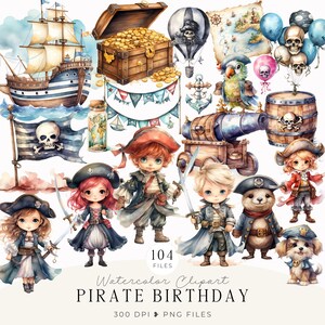 Può includere: Una collezione di illustrazioni ad acquerello a tema pirata che include una nave, un forziere, una bandiera con teschio, una mappa, un cannone, un barile, un pappagallo e diversi personaggi in abiti da pirata con spade, oltre a palloncini.