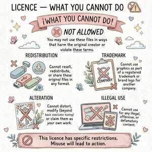 May include: An informational graphic titled LICENCE - WHAT YOU CANNOT DO, featuring pastel illustrations of USB drives, a clipboard, a floral card, and digital devices. The text outlines restrictions on redistribution, trademarking, alteration, and illegal use.