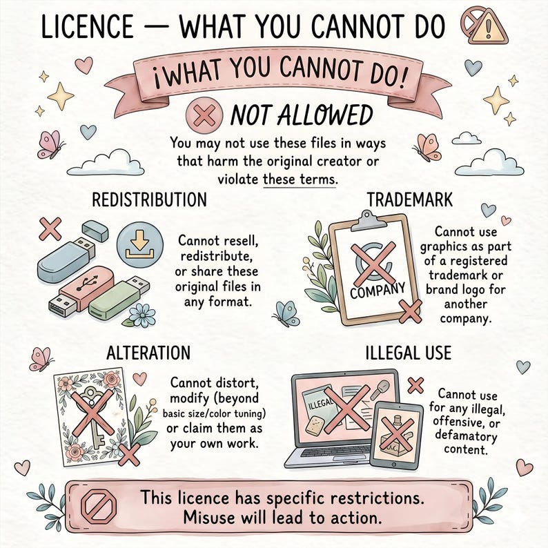 May include: An informational graphic titled LICENCE - WHAT YOU CANNOT DO, featuring pastel illustrations of USB drives, a clipboard, a floral card, and digital devices. The text outlines restrictions on redistribution, trademarking, alteration, and illegal use.