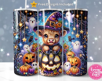 Cute Spooky Halloween Highland Cow 20 oz Skinny Tumbler Sublimation Design, Highland Cow Tumbler Wrap, Halloween Tumbler Wrap