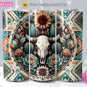 Boho Aztec 20oz tumbler wrap, 20 oz Western Bull Skull sublimation design, Rustic Watercolor Cactus Tribal Pattern Tumbler Wrap Png
