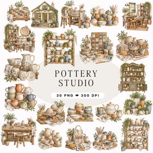 Puede incluir: Una colección de ilustraciones en acuarela que representan un estudio de cerámica, incluyendo varios cuencos, jarras, tazas, estantes, bancos de trabajo, herramientas y plantas, con el texto POTTERY STUDIO 30 PNG 300 DPI centrado.