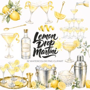 Op de afbeelding: Een verzameling aquarelillustraties met citroen-martini-elementen, waaronder cocktails in glazen op voet, een wodkafles, een metalen shaker, een ijsemmer, een gouden jigger, een menglepel en verse citroenen met groene bladeren.