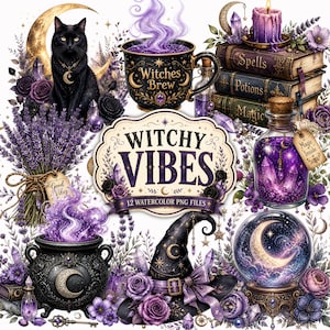 Puede incluir: Una colección digital de 12 ilustraciones en acuarela que presenta un gato negro, una taza etiquetada Witches Brew, libros apilados titulados Spells, Potions y Magic, una botella de poción morada, un caldero, un sombrero y una bola de cristal.