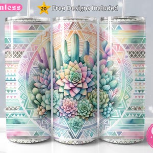 Pastel Boho Aztec 20oz tumbler wrap, 20 oz plant cacti flower sublimation design, Rustic Watercolor Cactus Tribal Pattern Tumbler Wrap Png