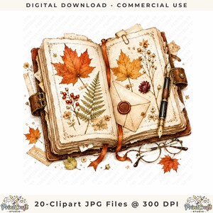 Op de afbeelding: Een open in leer gebonden dagboek met geperste herfstbladeren, een varenblad, rode bessen en gedroogde bloemen. Een envelop met een rood waszegel, een vulpen en een ronde bril rusten op de pagina's van het boek.
