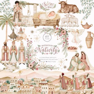 Op de afbeelding: Een digitale collectie van aquarel kerststalillustraties met een baby in een kribbe, een stenen waterput, een palmboom, een os, schapen, een engel, drie wijzen, een woestijnstad en bloemenkransen met de tekst A Savior Is Born.