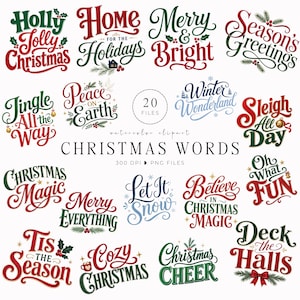 May include: A collection of twenty digital Christmas-themed word art designs in red, green, and blue watercolour script. Phrases include Holly Jolly Christmas, Home for the Holidays, Merry and Bright, Season's Greetings, Jingle All the Way, and others.
