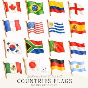May include: A collection of sixteen watercolor illustrations of national flags on wooden poles, including Canada, Brazil, Colombia, England, France, USA, Uruguay, Spain, South Korea, South Africa, Portugal, Netherlands, Mexico, Japan, Germany, and Argentina.