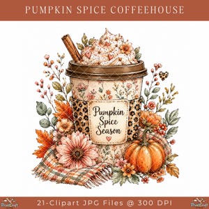 May include: A digital illustration of a coffee cup with a lid, topped with whipped cream, a cinnamon stick, and small hearts. The cup features a leopard print sleeve with the text Pumpkin Spice Season. Surrounded by autumn flowers and a pumpkin.