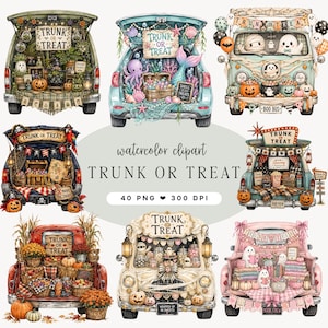 Może przedstawiać: Kolekcja akwarelowych ilustracji przedstawiających różne pojazdy udekorowane na wydarzenia Trunk or Treat. Projekty obejmują motywy takie jak dynie, duchy, mumie, syreny, piraci i jesienne zbiory, wszystkie opatrzone napisem Trunk or Treat.