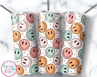 Motif rétro smiley pour gobelet isotherme de 590 ml (20 oz), sublimation, image PNG tendance, téléchargement numérique, gobelet droit et conique de 590 ml (20 oz)