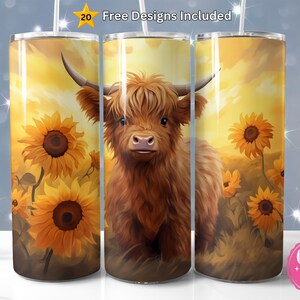 Sunflowers Highland Cow Wrap, 20oz Tumbler Wrap PNG Sublimation Design 20oz Skinny Tumbler Instant Digital Download, Cow Print Tumbler png