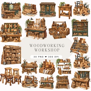 Könnte beinhalten: Eine Sammlung von Aquarell-Illustrationen einer Holzwerkstatt mit verschiedenen Holzhobelbänken, Hockern, Werkzeugkisten, Regalen voller Holz und Handwerkzeugen, inklusive des Textes WOODWORKING WORKSHOP 30 PNG 300 DPI.