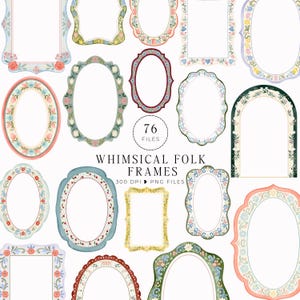 Può includere: Una collezione di 76 cornici digitali con varie forme e motivi floreali in stile acquerello. Il testo recita 76 FILES, WHIMSICAL FOLK FRAMES e 300 DPI PNG FILES. Questi bordi decorativi includono design ovali, rettangolari e ad arco.