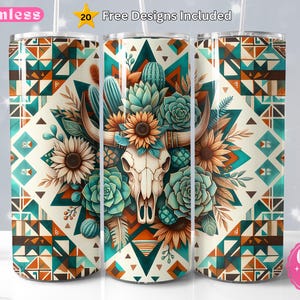 Boho Aztec 20oz tumbler wrap, 20 oz Western Bull Skull sublimation design, Rustic Watercolor Cactus Tribal Pattern Tumbler Wrap Png