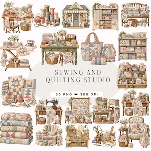 Op de afbeelding: Een verzameling digitale illustraties met elementen van een naai- en quiltstudio, waaronder stapels stof, patchwork quilts, naaimachines, houten meubels, manden en klossen garen, met de tekst SEWING AND QUILTING STUDIO.