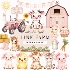 Pode incluir: Uma coleção digital de clipart em aquarela com tema de fazenda, incluindo um trator rosa, um celeiro, um sol, fardos de feno, uma garrafa de leite, uma cesta de ovos, cenouras e vários animais bebês como vaca, coelho, cavalo e porco.