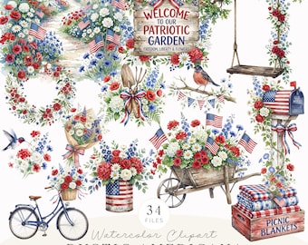 Rustic Americana Clipart Bundle, Patriotic Florals, Fourth of July, Red White Blue Summer, USA 250 Celebration (Digital Download) CA0024