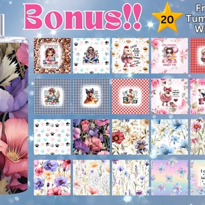 May include: A tall cylindrical tumbler featuring a vibrant floral pattern with pink, purple, and dark foliage. Beside it, a grid displays 20 digital tumbler wrap designs, including illustrations of chickens, flowers, paw prints, and the text I choose happiness.