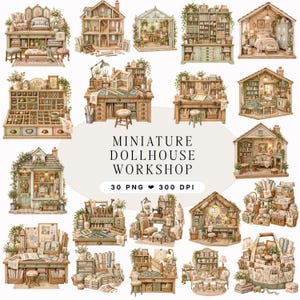 May include: A collection of miniature dollhouse workshop illustrations featuring various craft rooms, furniture, and storage units in soft, muted tones. The central text reads: MINIATURE DOLLHOUSE WORKSHOP 30 PNG 300 DPI. These detailed graphics depict creative spaces.