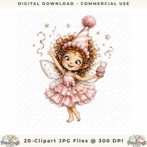 Peut inclure: Une illustration numérique d'une fée aux cheveux bruns bouclés portant un chapeau de fête rayé rose et blanc et une robe rose à volants. La fée a des ailes translucides, tient un petit cupcake et est entourée d'étoiles et de serpentins roses.