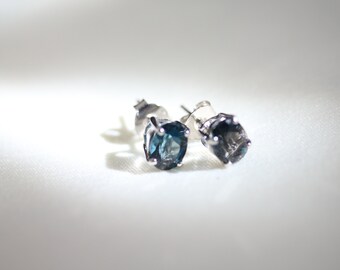 London Blue Topaz Stud Earrings 7mm, 925 Sterling Silver